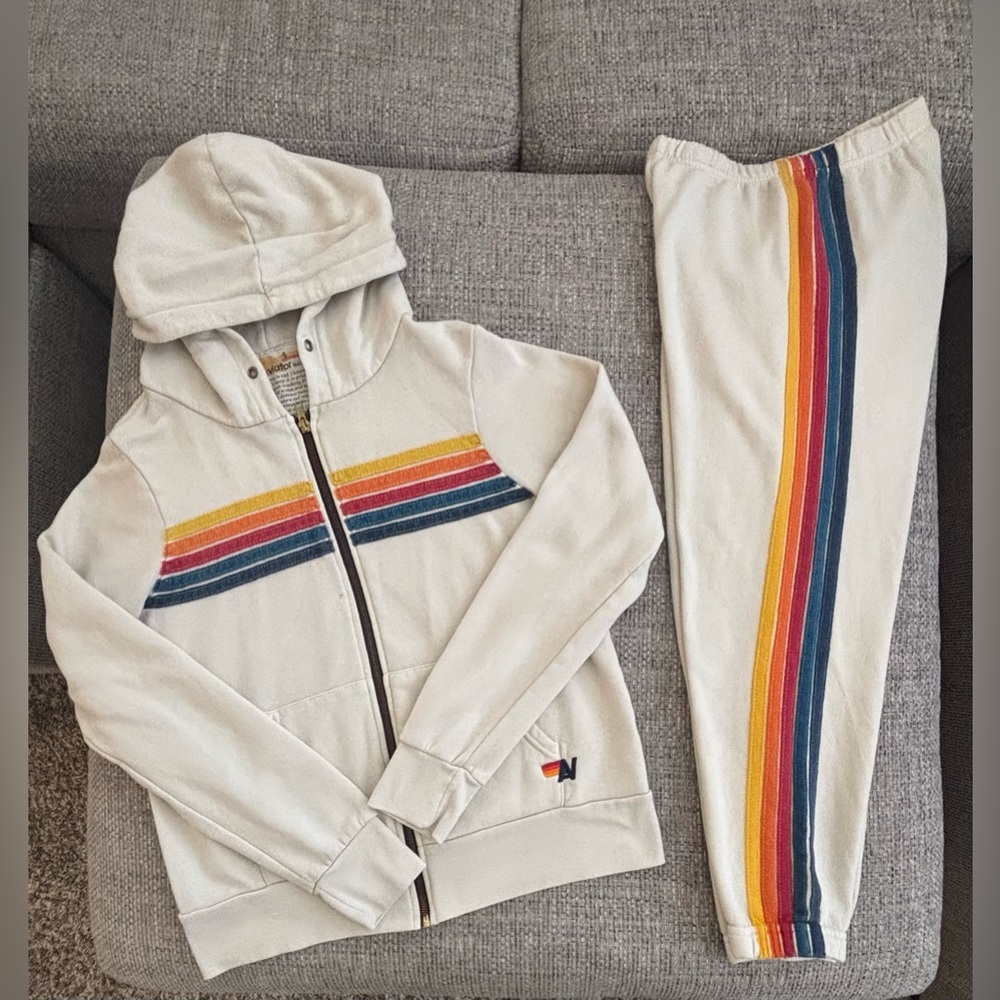 Aviator Nation Unisex Vintage White Rainbow Stripe Zip Hoodie (S) & Sweats (XS)